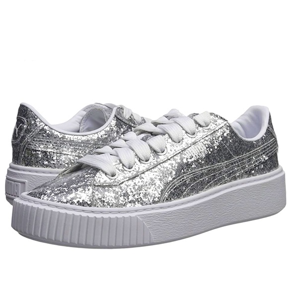 Puma | Shoes | Puma Basket Platform Glitter Silver Euc Worn X Sz 75 |  Poshmark